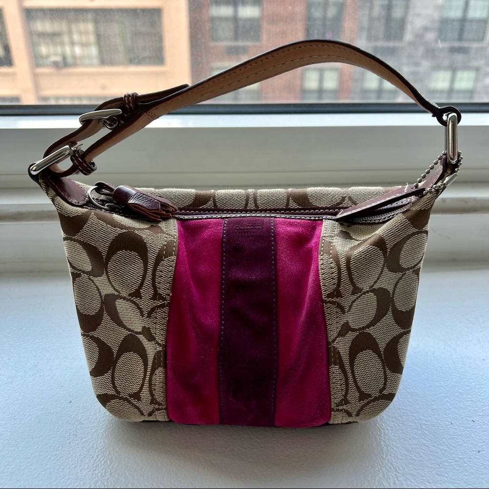 Vintage Y2K Coach Pink Suede Stripe Signature Mini Hobo Bag